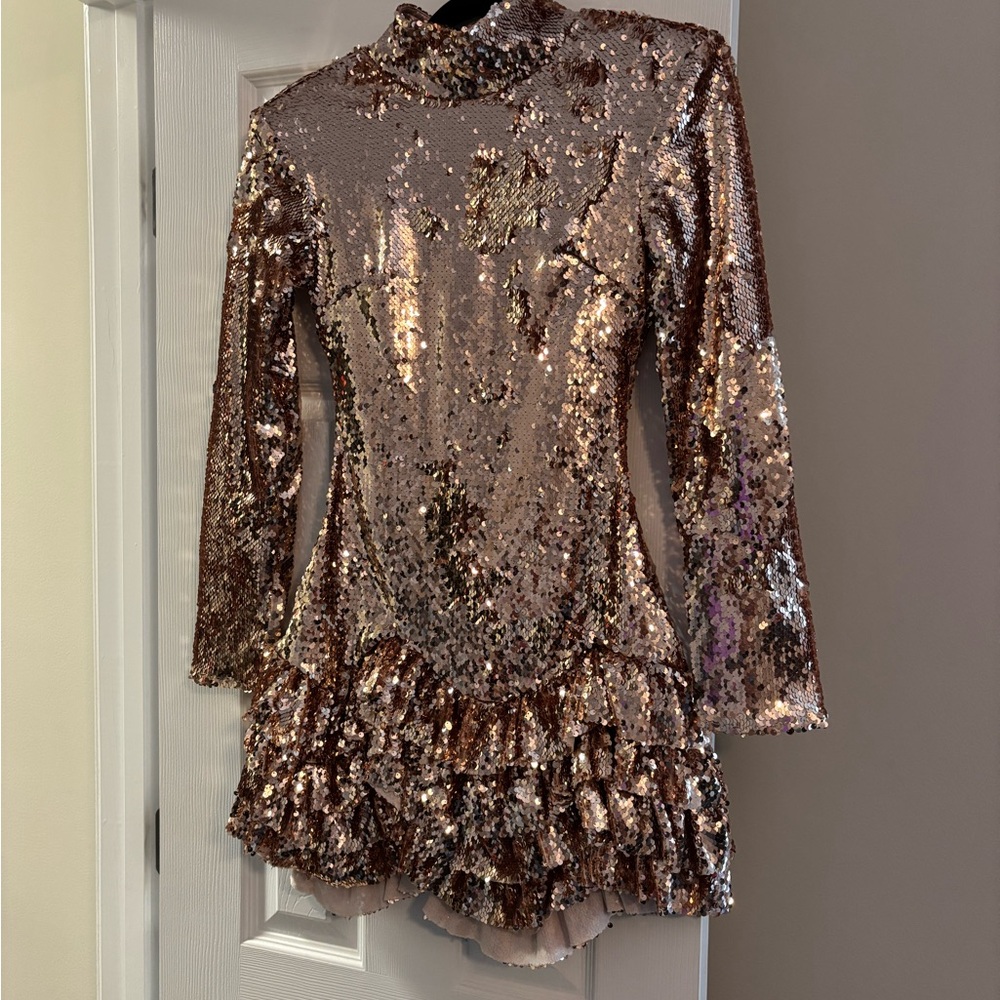 Rose Gold Sequin Long Sleeve Ruffle Mini Dress